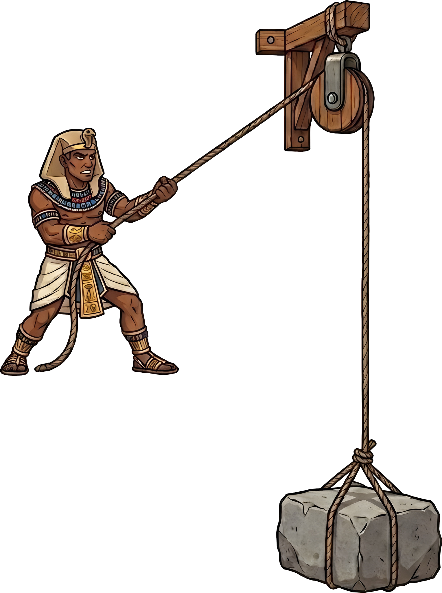 Worker pulling a rope and lifting a heavy stone block in Toxic Pyramids